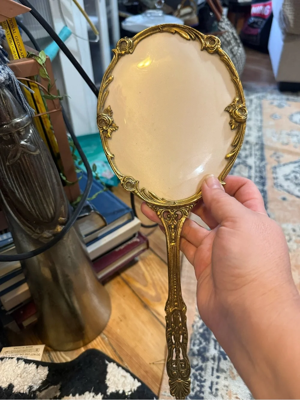 Vintage Hollywood regency ornate Gold Hand Mirror and Brush Set